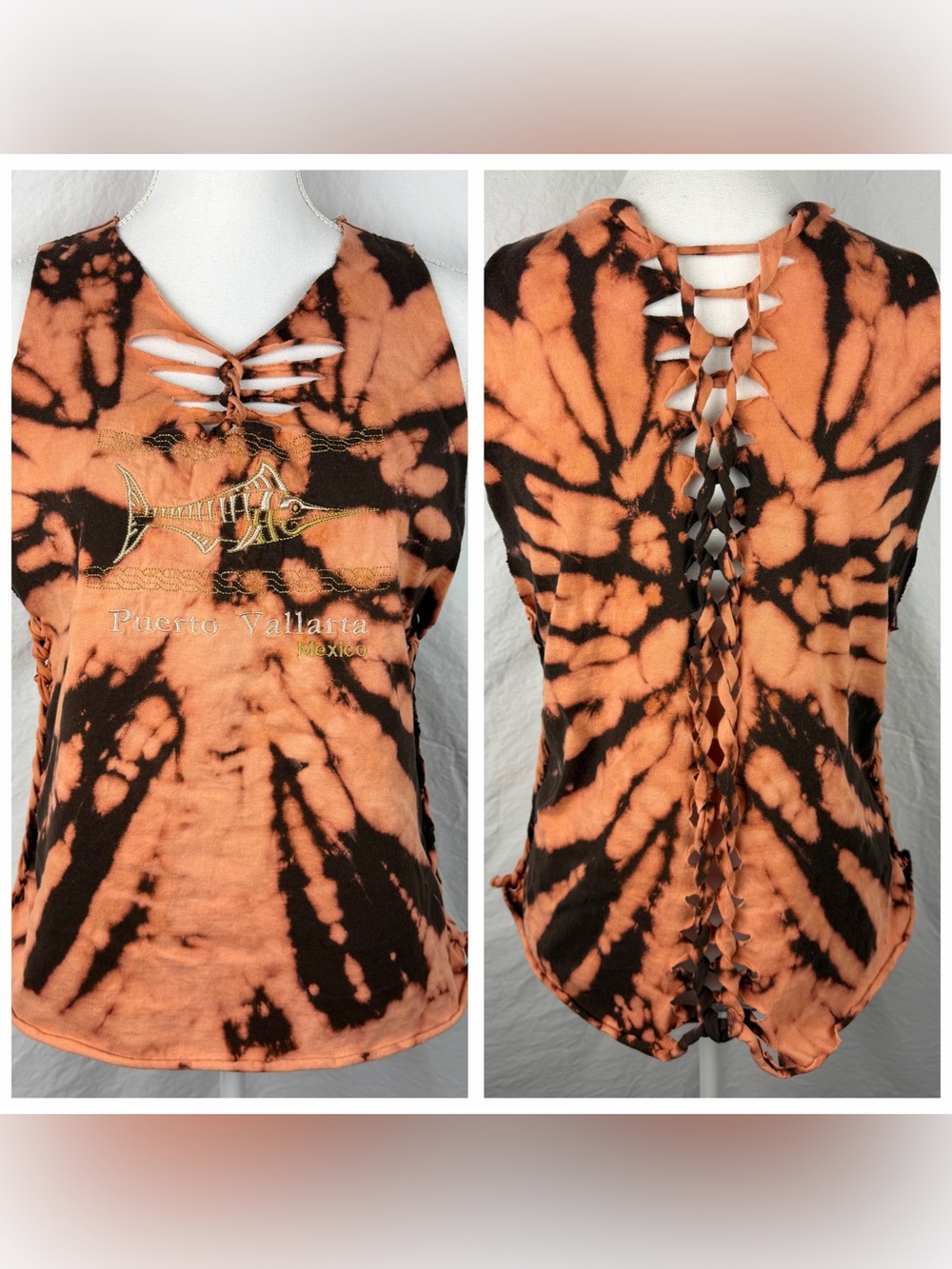 Puerto Vallarta, MX-Upcycled Tie Dye Tank Top-Large-Brown & Orange-Twist & Braid